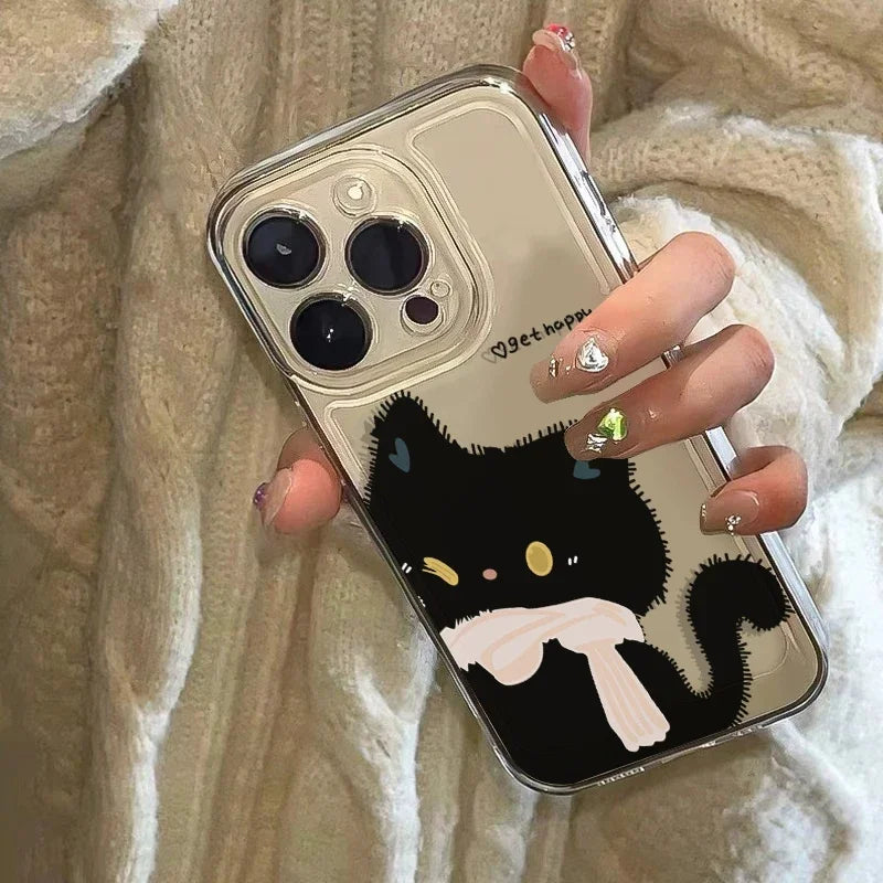 Cartoon Black White Cat Couple Paired Phone Case