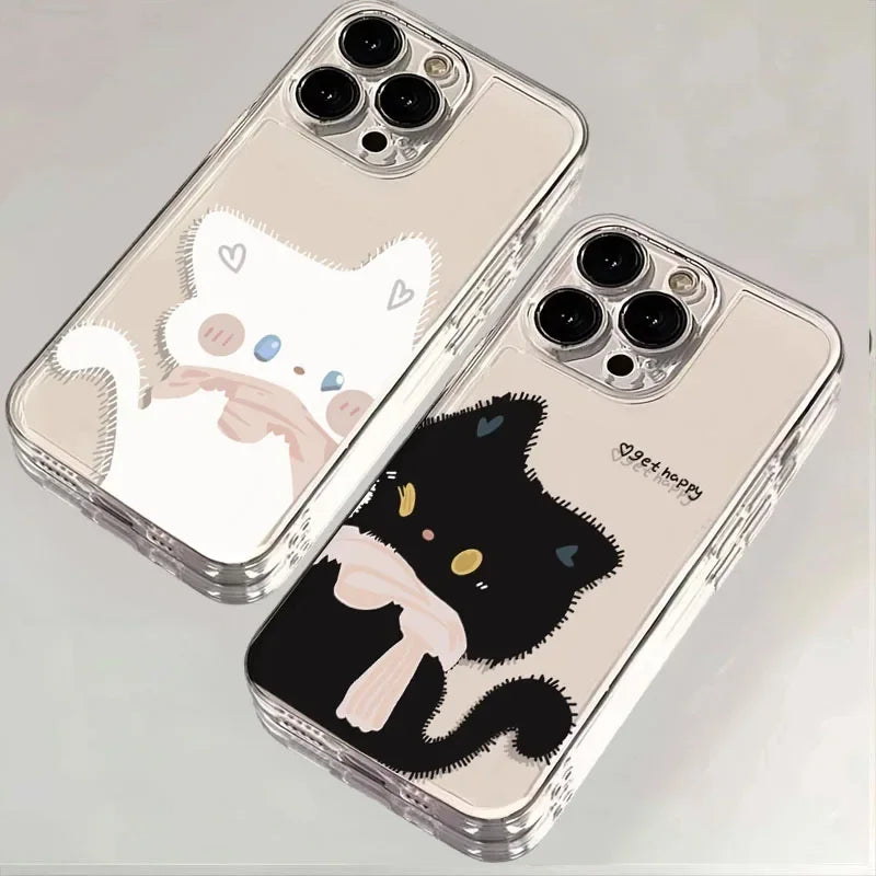 Cartoon Black White Cat Couple Paired Phone Case