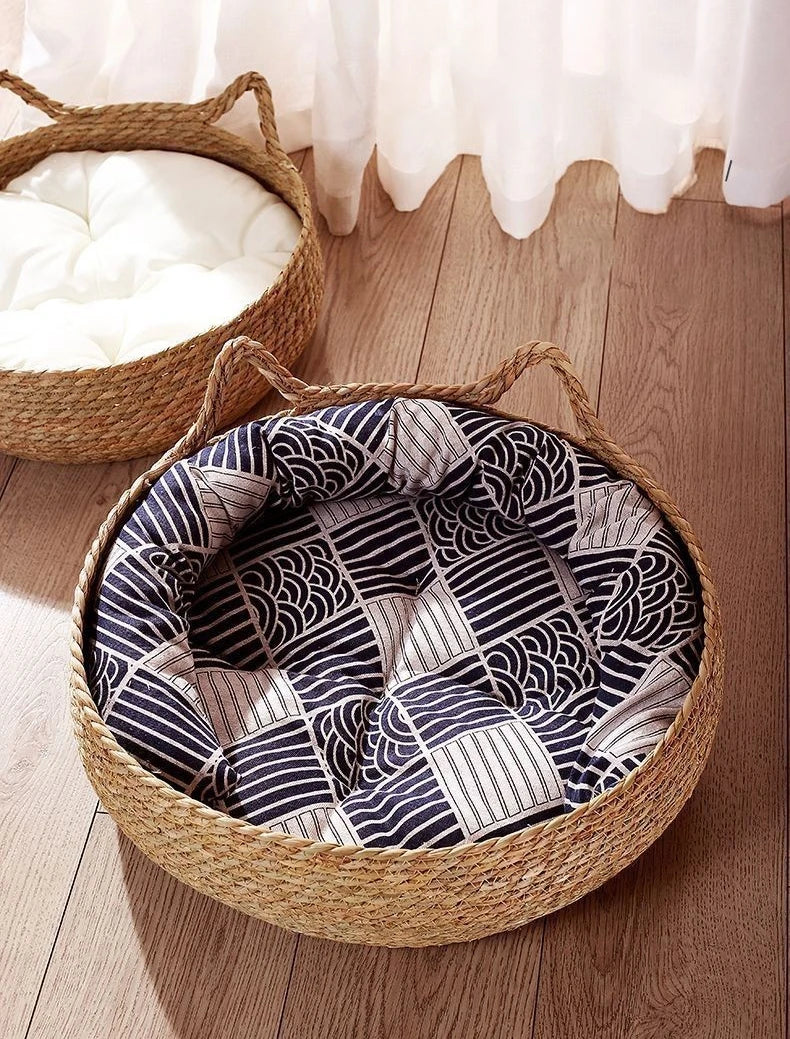 Washable Woven Rattan Cat Bed - Removable Upholstery and Scratch Floor