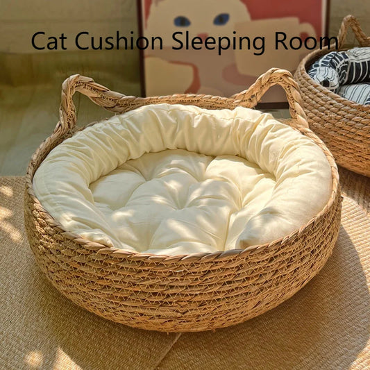 Washable Woven Rattan Cat Bed - Removable Upholstery and Scratch Floor