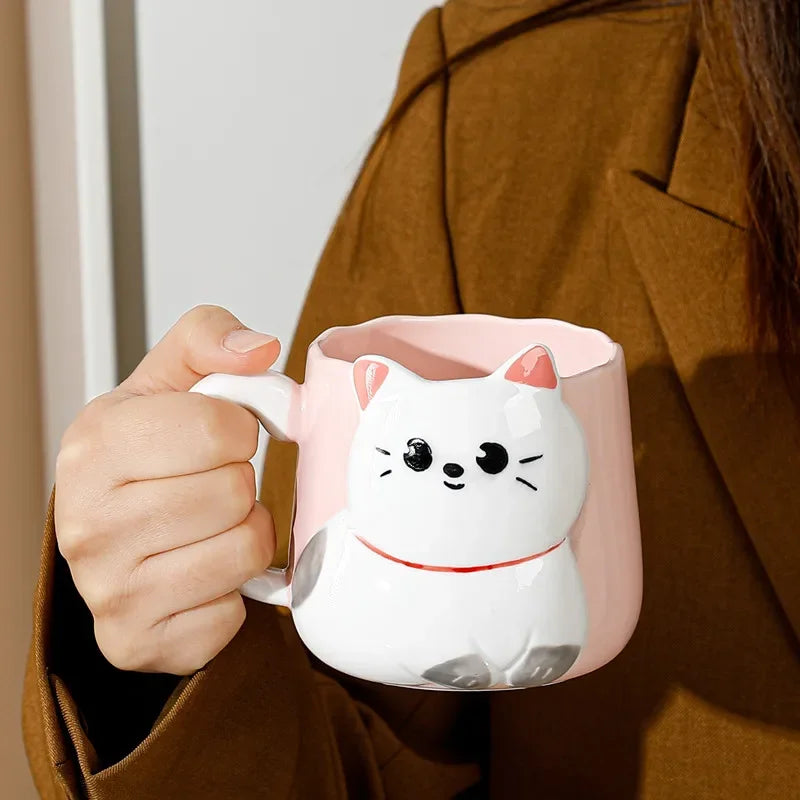 Cartoon 3D Embossed Ceramic Mug, Cute Cat Mug for Coffee and Milk, 500ml Mug, Free Ship