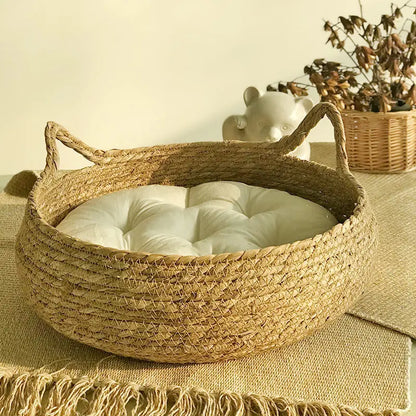 Washable Woven Rattan Cat Bed - Removable Upholstery and Scratch Floor