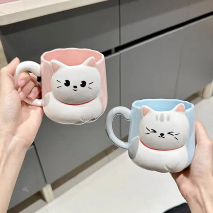 Cartoon 3D Embossed Ceramic Mug, Cute Cat Mug for Coffee and Milk, 500ml Mug, Free Ship