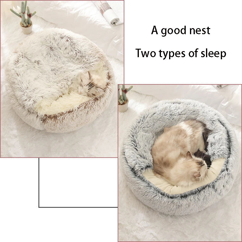 Soft Plush Pet Bed with Cover, Round Sleeping Nest for Cats and Small Dogs