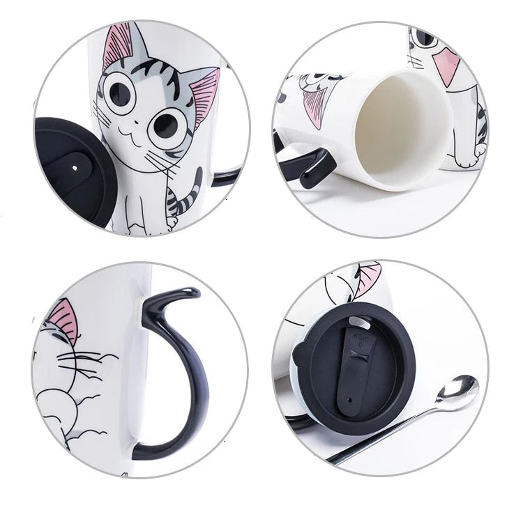 Whimsical Cat Ceramic Mug with Lid and Spoon,600ml Drinkware, Free Shipping.