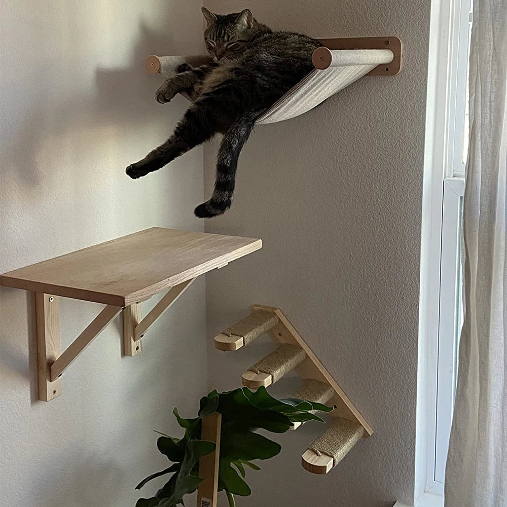 Wall-Mounted Cat Tree with Hammock, Scratching Post, and Play Platforms