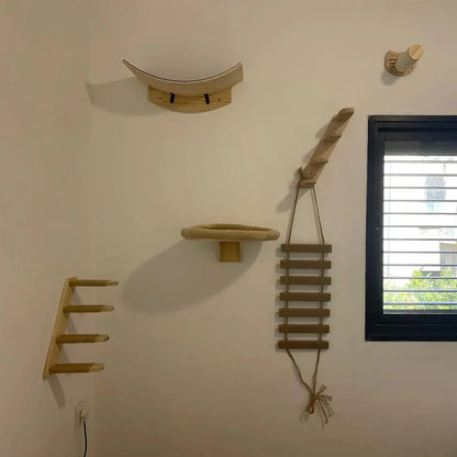 Wall-Mounted Cat Tree with Hammock, Scratching Post, and Play Platforms