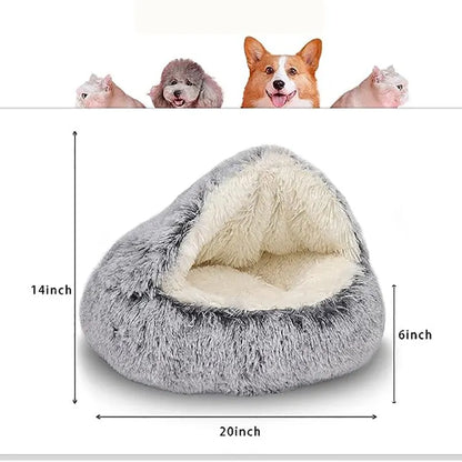 2-in-1 Pet Bed for Cats and Small Dogs - Warm Round Sleeping Cave with Cover