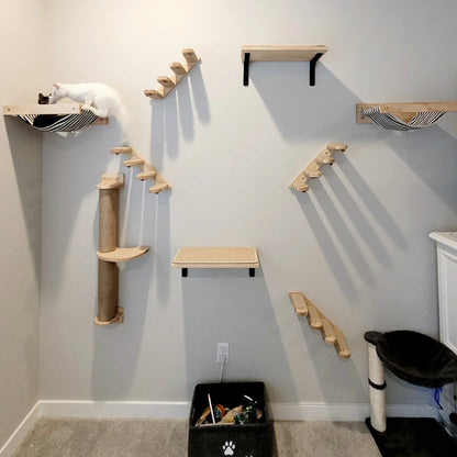 Cat Wall Mounted Climbing Shelves with Wooden Posts, Ladders, Hammock, and Cat House