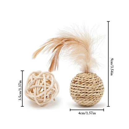 Rattan and Faux Feather Cat Ball Toy Set