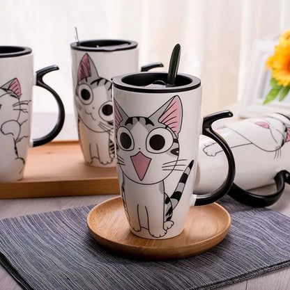 Whimsical Cat Ceramic Mug with Lid and Spoon,600ml Drinkware, Free Shipping.