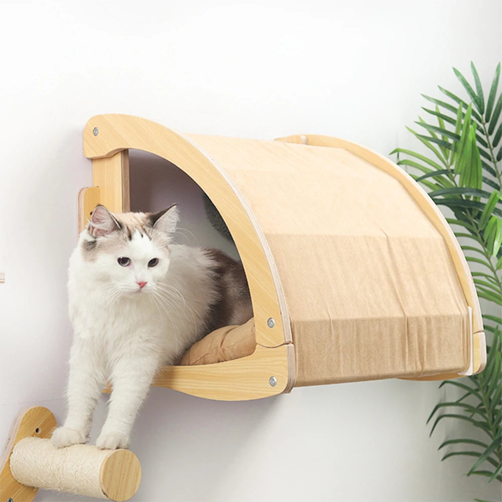 Space-Saving Cat Furniture: Wall-Mounted Climbing Tower with Hammock