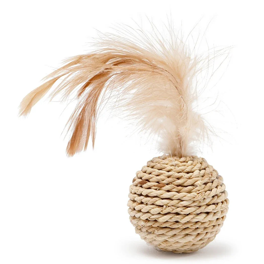 Rattan and Faux Feather Cat Ball Toy Set