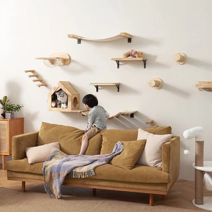 Space-Saving Cat Furniture: Wall-Mounted Climbing Tower with Hammock