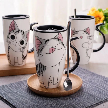 Whimsical Cat Ceramic Mug with Lid and Spoon,600ml Drinkware, Free Shipping.