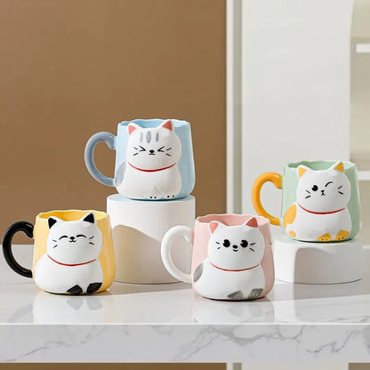 Cartoon 3D Embossed Ceramic Mug, Cute Cat Mug for Coffee and Milk, 500ml Mug, Free Ship