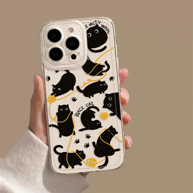 Transparent Cartoon Black Cat Phone Case for iPhone