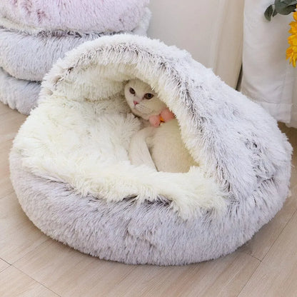 2-in-1 Pet Bed for Cats and Small Dogs - Warm Round Sleeping Cave with Cover