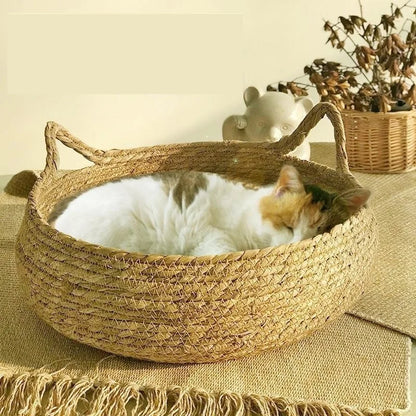 Washable Woven Rattan Cat Bed - Removable Upholstery and Scratch Floor