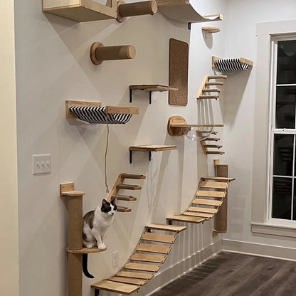 Cat Wall Mounted Climbing Shelves with Wooden Posts, Ladders, Hammock, and Cat House