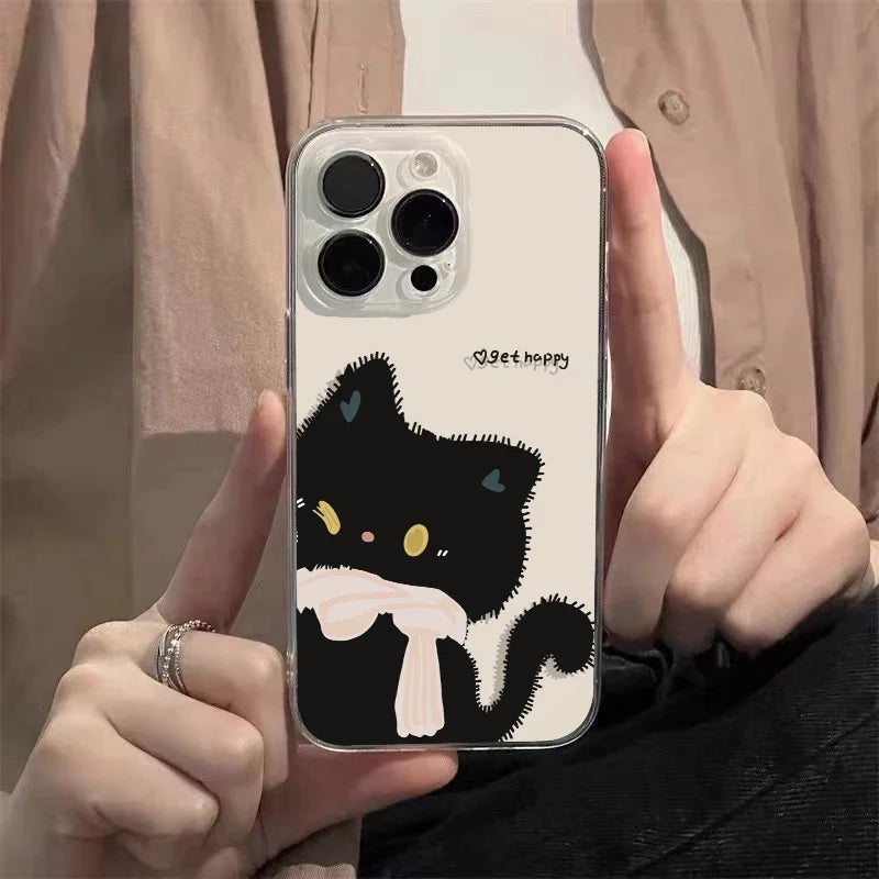 Cartoon Black White Cat Couple Paired Phone Case