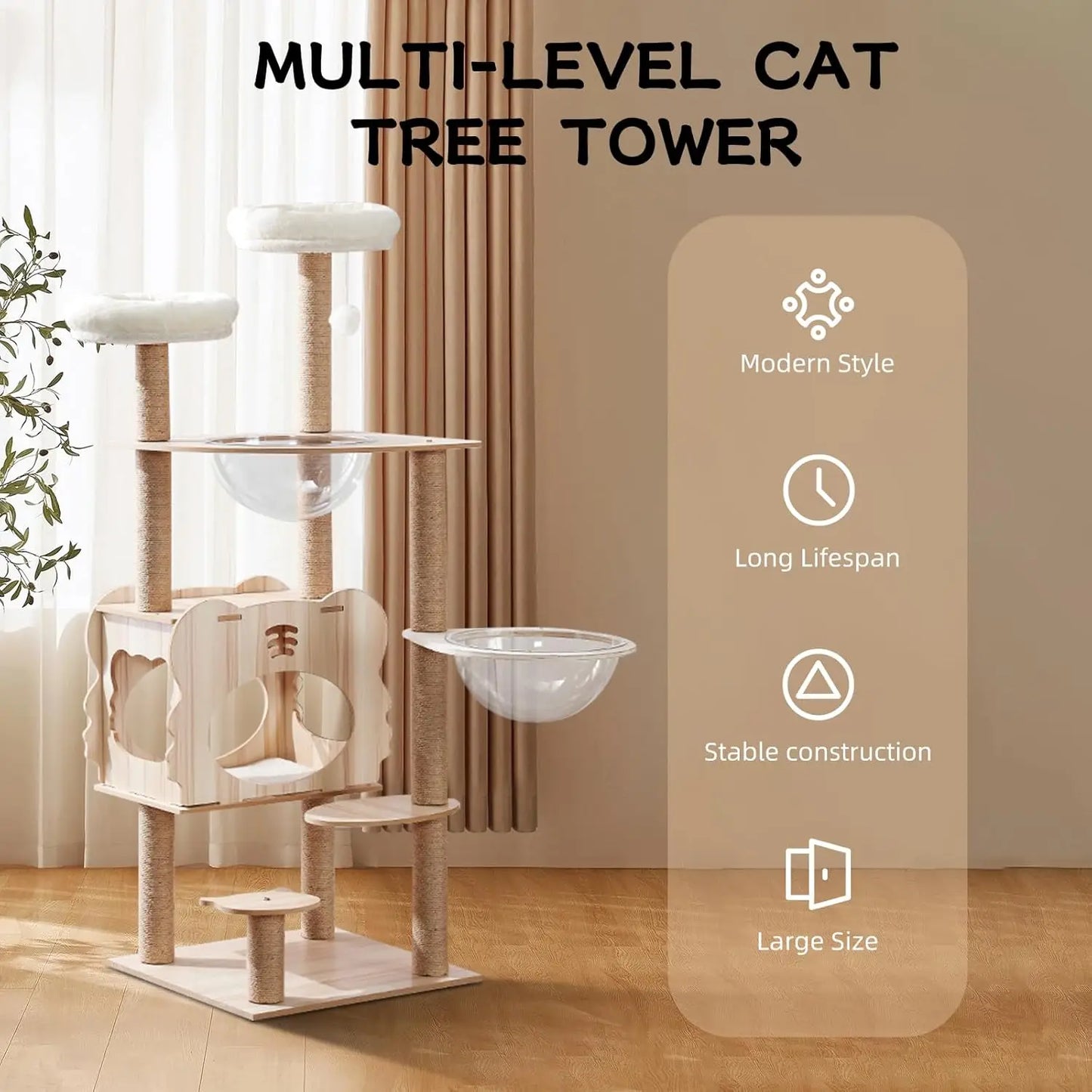 53.9" Extra Tall Modern Cat Tree - Heavy-Duty Wood Cat Tower with Scratch Post for Indoor Large Cats