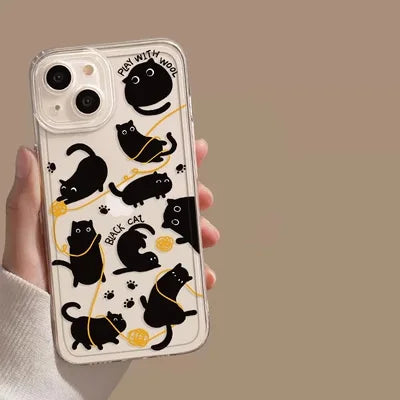 Transparent Cartoon Black Cat Phone Case for iPhone