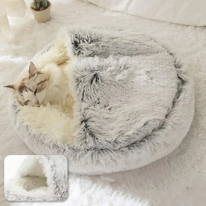 2-in-1 Pet Bed for Cats and Small Dogs - Warm Round Sleeping Cave with Cover