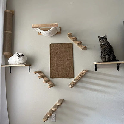 Cat Wall Mounted Climbing Shelves with Wooden Posts, Ladders, Hammock, and Cat House