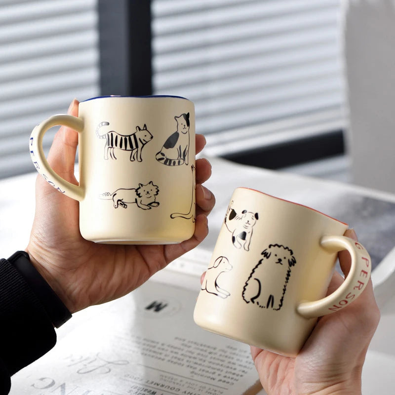 420ml Ceramic Cat & Dog drawing Mug, Free Ship