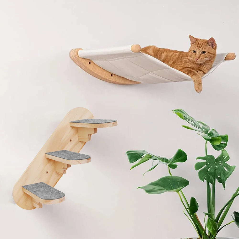 Corner Cat Perches with Curved Bed, Shelf Steps, and Sisal Scratching Post