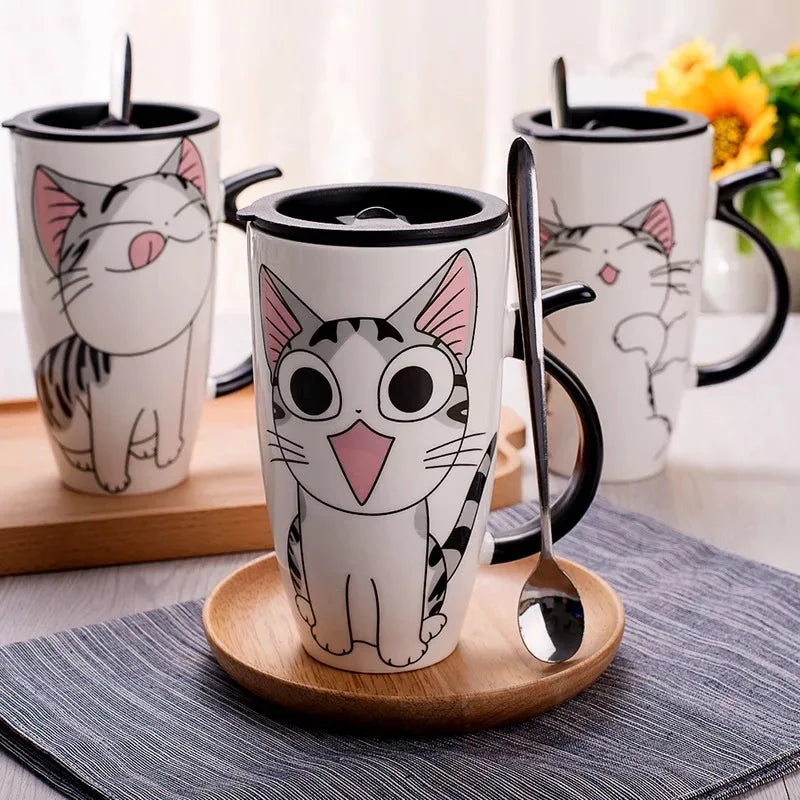 Whimsical Cat Ceramic Mug with Lid and Spoon,600ml Drinkware, Free Shipping.