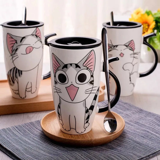 Whimsical Cat Ceramic Mug with Lid and Spoon,600ml Drinkware, Free Shipping.