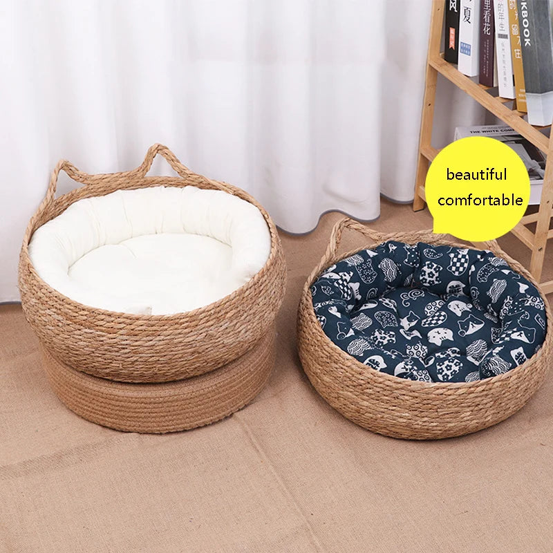 Washable Woven Rattan Cat Bed - Removable Upholstery and Scratch Floor