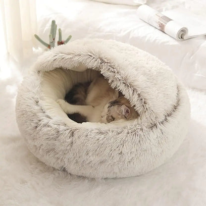 2-in-1 Pet Bed for Cats and Small Dogs - Warm Round Sleeping Cave with Cover