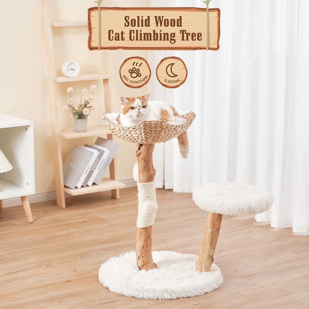 Custom Luxury Solid Wood Cat Tree with Woven Nest