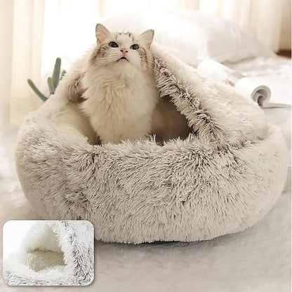 2-in-1 Pet Bed for Cats and Small Dogs - Warm Round Sleeping Cave with Cover