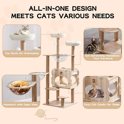 53.9" Extra Tall Modern Cat Tree - Heavy-Duty Wood Cat Tower with Scratch Post for Indoor Large Cats