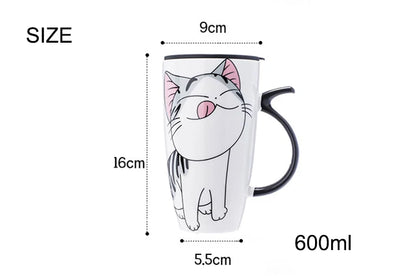 Whimsical Cat Ceramic Mug with Lid and Spoon,600ml Drinkware, Free Shipping.