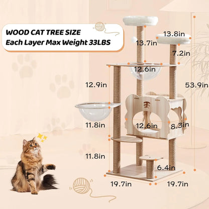 53.9" Extra Tall Modern Cat Tree - Heavy-Duty Wood Cat Tower with Scratch Post for Indoor Large Cats