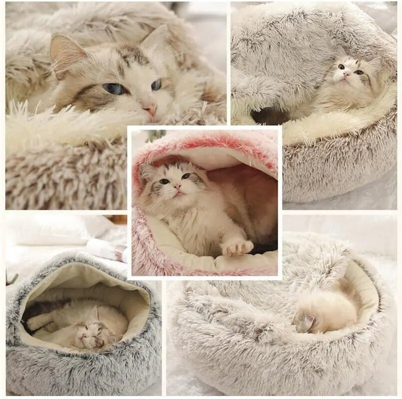 2-in-1 Pet Bed for Cats and Small Dogs - Warm Round Sleeping Cave with Cover