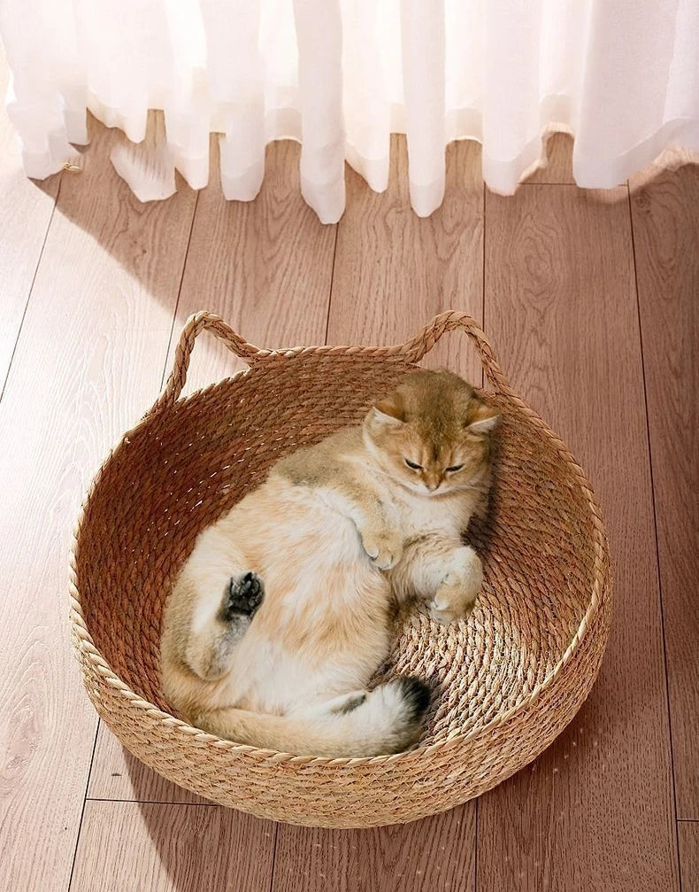 Washable Woven Rattan Cat Bed - Removable Upholstery and Scratch Floor