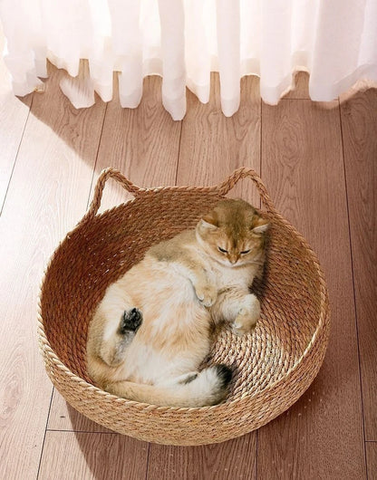 Washable Woven Rattan Cat Bed - Removable Upholstery and Scratch Floor