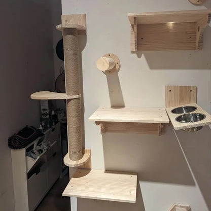 Wall-Mounted Cat Tree with Hammock, Scratching Post, and Play Platforms