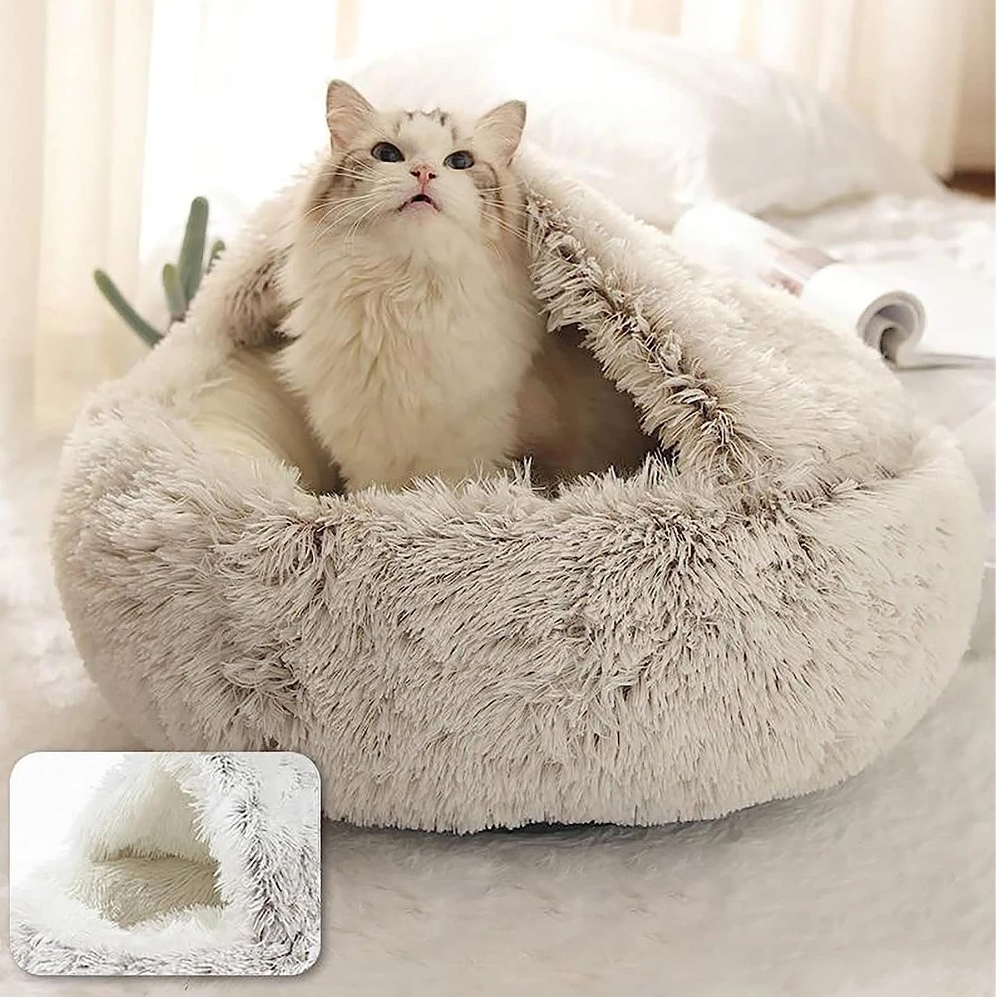 2-in-1 Pet Bed for Cats and Small Dogs - Warm Round Sleeping Cave with Cover