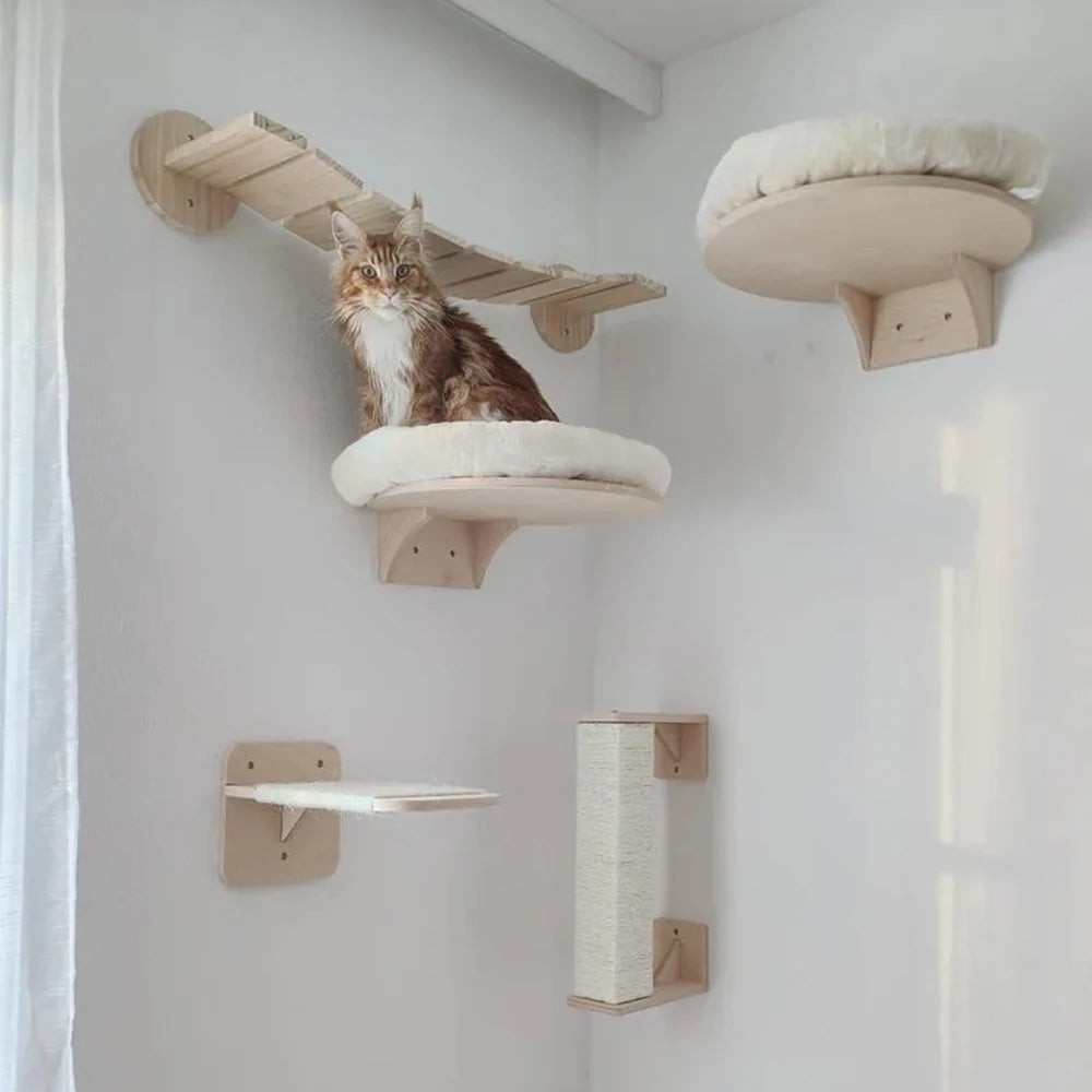 Wall-Mounted Cat Tree with Hammock, Scratching Post, and Play Platforms