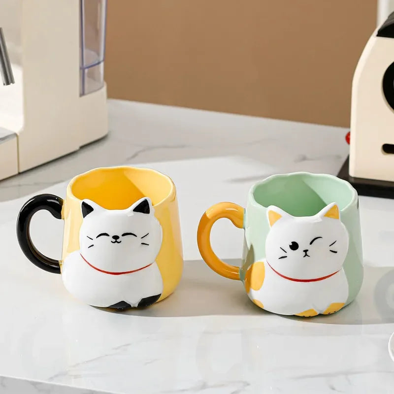 Cartoon 3D Embossed Ceramic Mug, Cute Cat Mug for Coffee and Milk, 500ml Mug, Free Ship