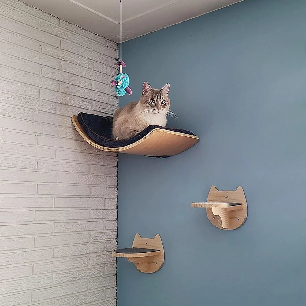 Corner Cat Perches with Curved Bed, Shelf Steps, and Sisal Scratching Post