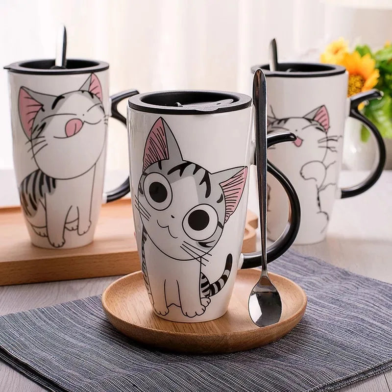 Whimsical Cat Ceramic Mug with Lid and Spoon,600ml Drinkware, Free Shipping.