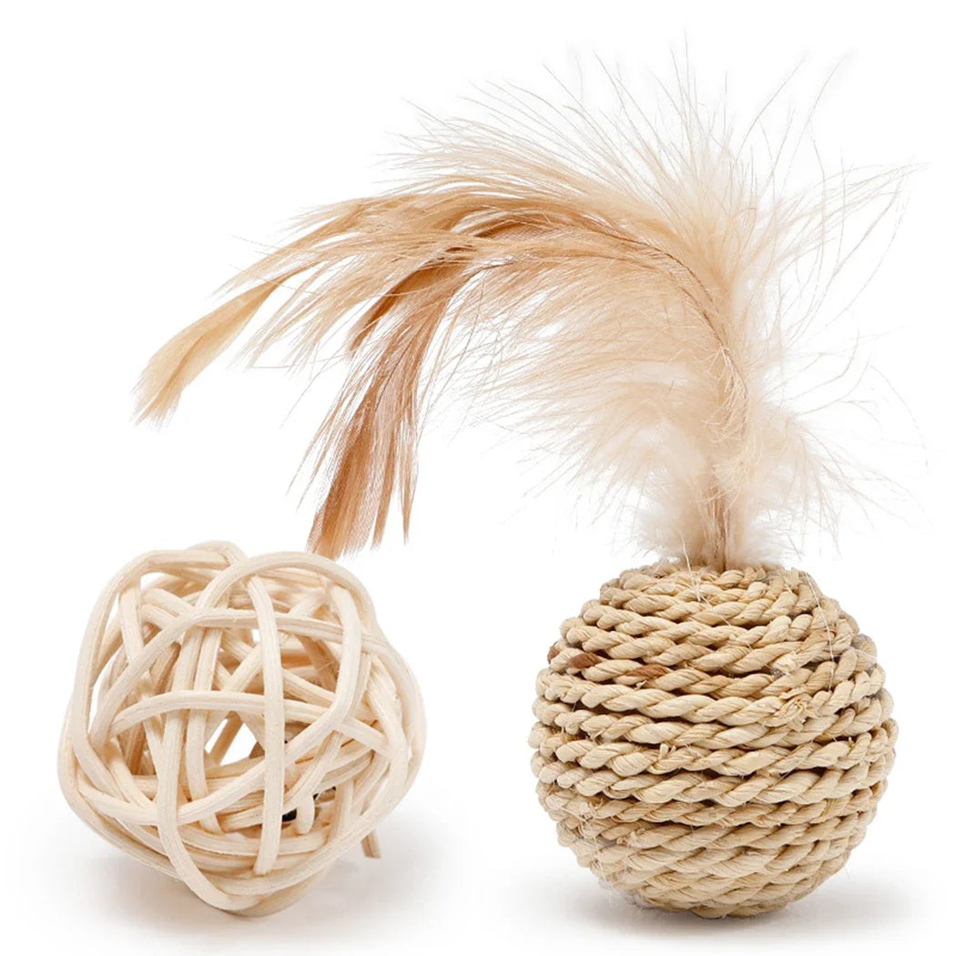 Rattan and Faux Feather Cat Ball Toy Set